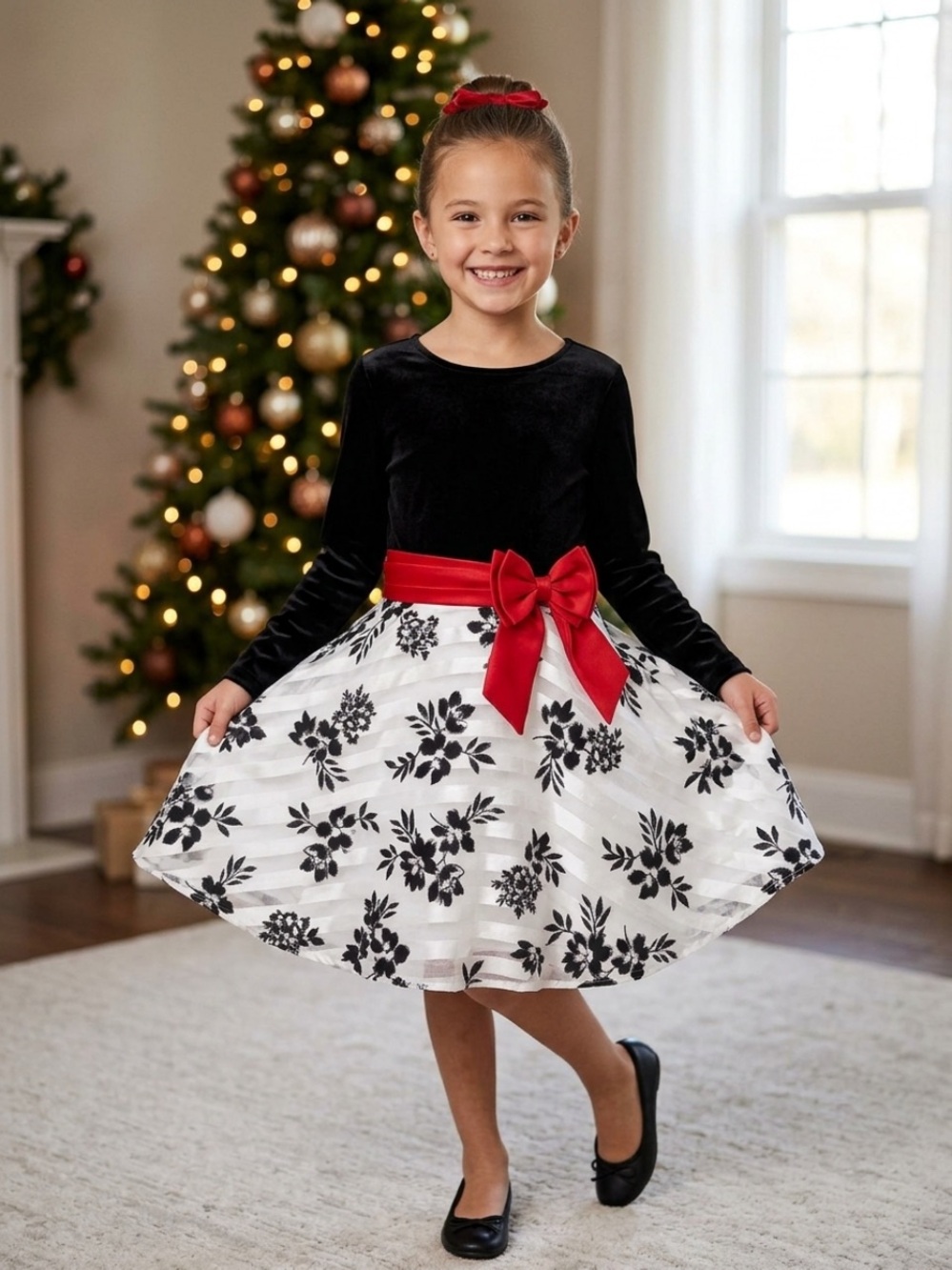 Girls Black Velvet Top White Floral Skirt Dress with Red Bow size 10